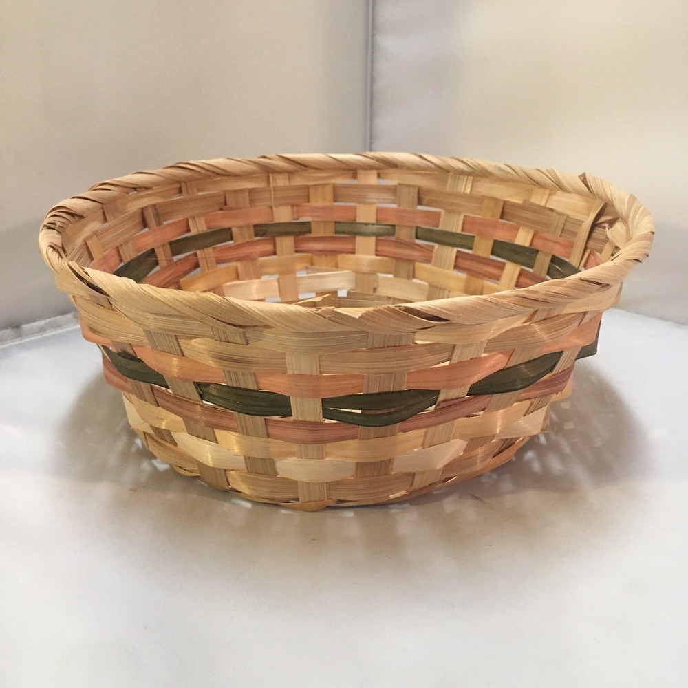 Woven Bamboo Basket Unisex Medium Natural Green Brown Round Boho Cottagecore